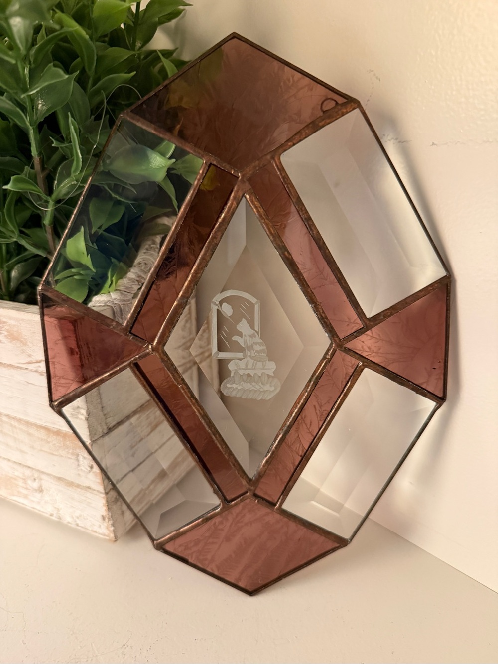 Vintage Stained Glass Beveled Glass Suncatcher Mauve Geometric Etched Cat